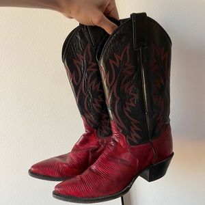 Justin Red Vintage Cowboy Boots Women’s Size 8 Red/Black Lizard and Leather